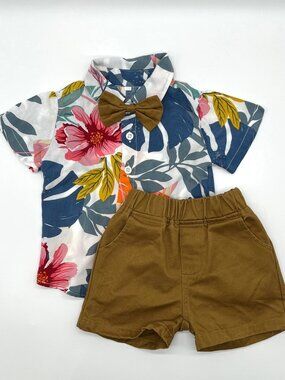 Baby Boy Casual Outfit 9-12 Months Brown Shorts Floral Shirt Bow Tie Hawaiian